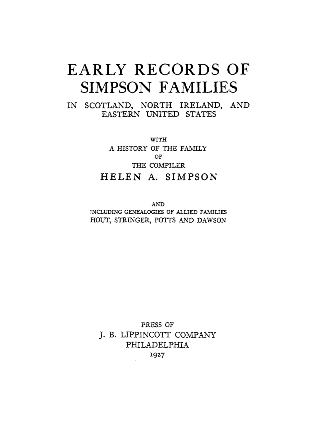 Earl~Y RECORDS of SIMPSON FAMILIES in SCOTLAND, NORTH IRELAND, and EASTERN UNITED STATES