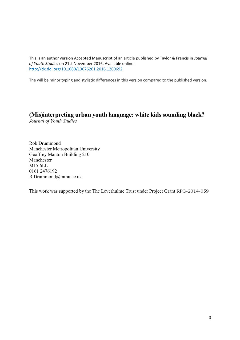 Interpreting Urban Youth Language: White Kids Sounding Black? Journal of Youth Studies