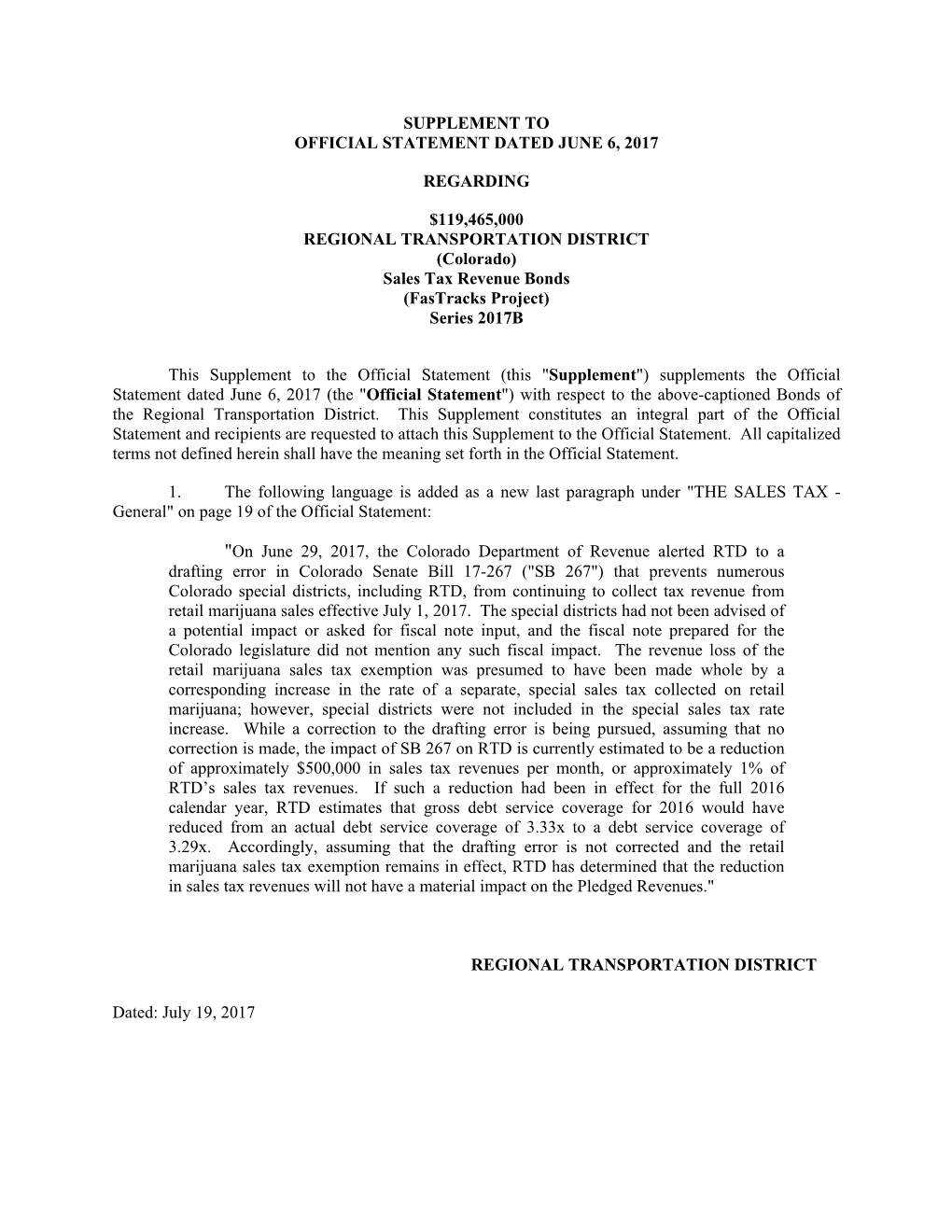 Series 2017B Fastracks Sales Tax Revenue Bonds Official