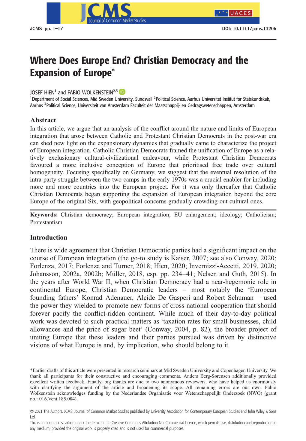 Where Does Europe End? Christian Democracy and the Expansion of Europe*