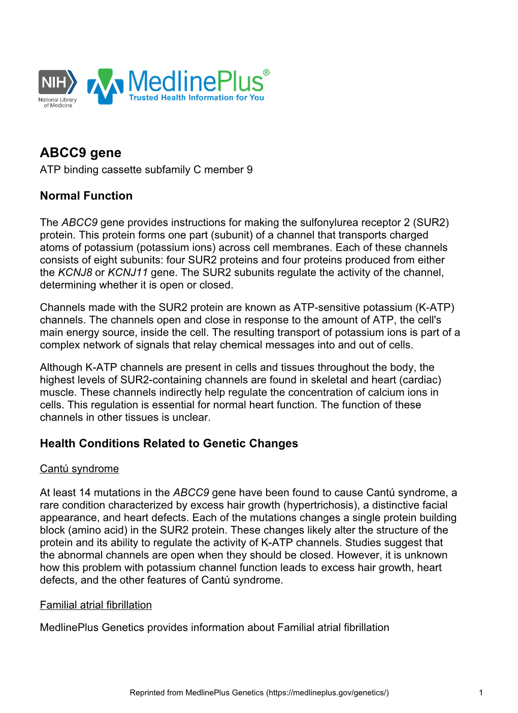 ABCC9 Gene ATP Binding Cassette Subfamily C Member 9