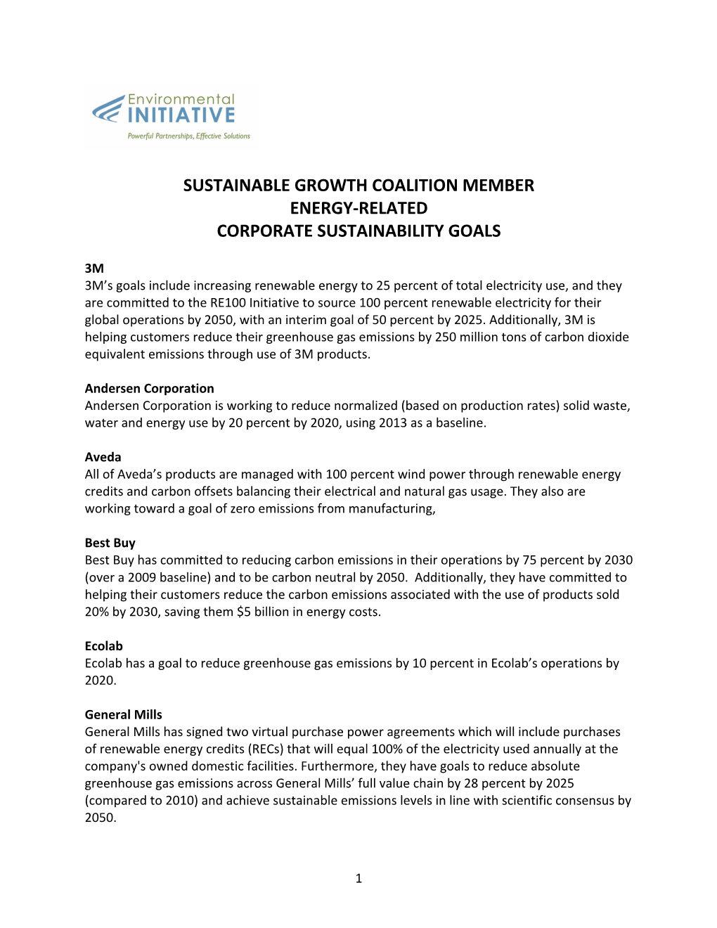 Sustainable Growth Coalition Member Energy-Related Corporate Sustainability Goals