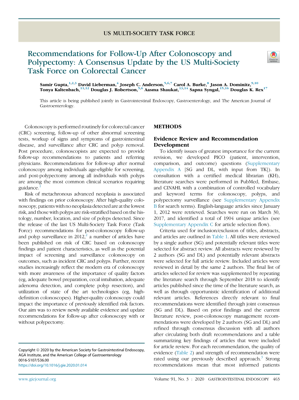 Recommendations for Follow-Up After Colonoscopy and Polypectomy: a Consensus Update by the US Multi-Society Task Force on Colorectal Cancer