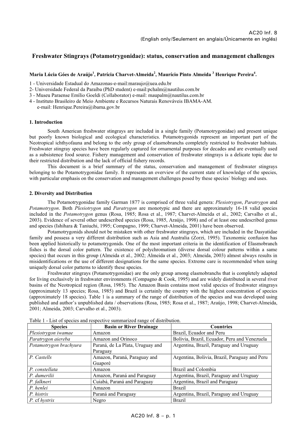 Freshwater Stingrays (Potamotrygonidae): Status, Conservation and Management Challenges