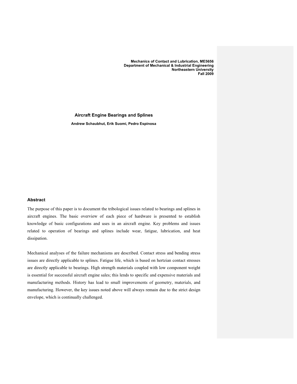 Aircraft Engine Bearings and Splines Abstract the Purpose of This Paper