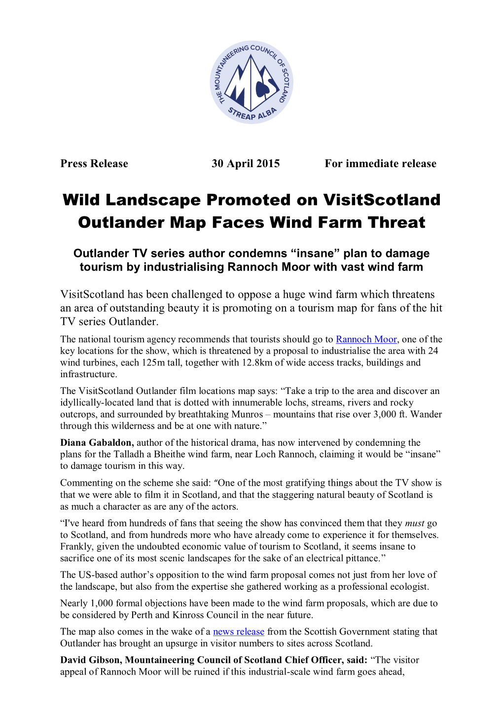 Wild Landscape Promoted on Visitscotland Outlander Map Faces Wind Farm Threat