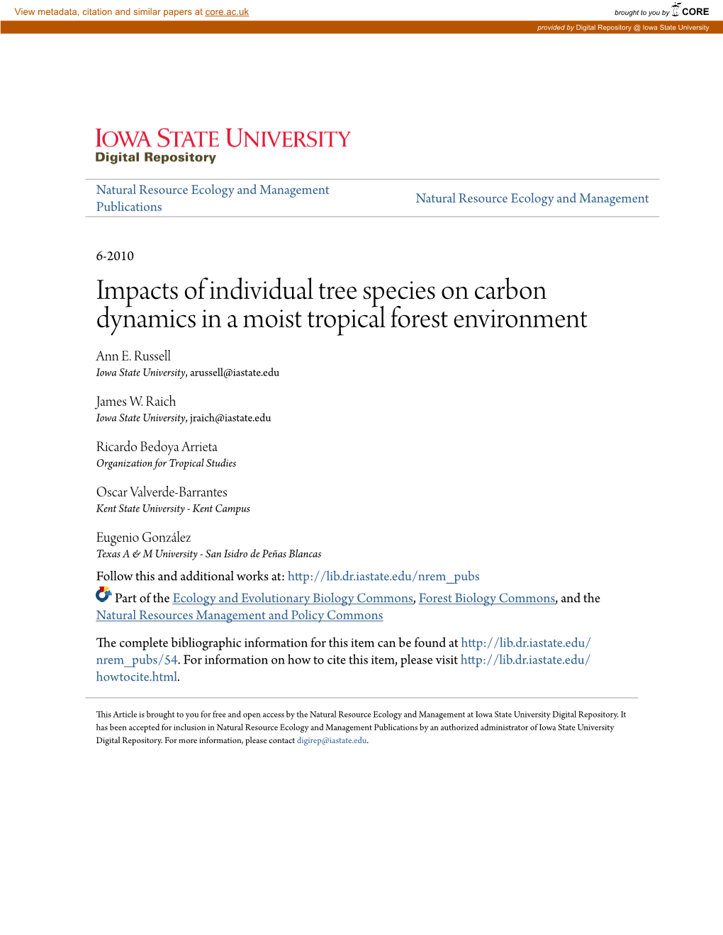 Impacts of Individual Tree Species on Carbon Dynamics in a Moist Tropical Forest Environment Ann E