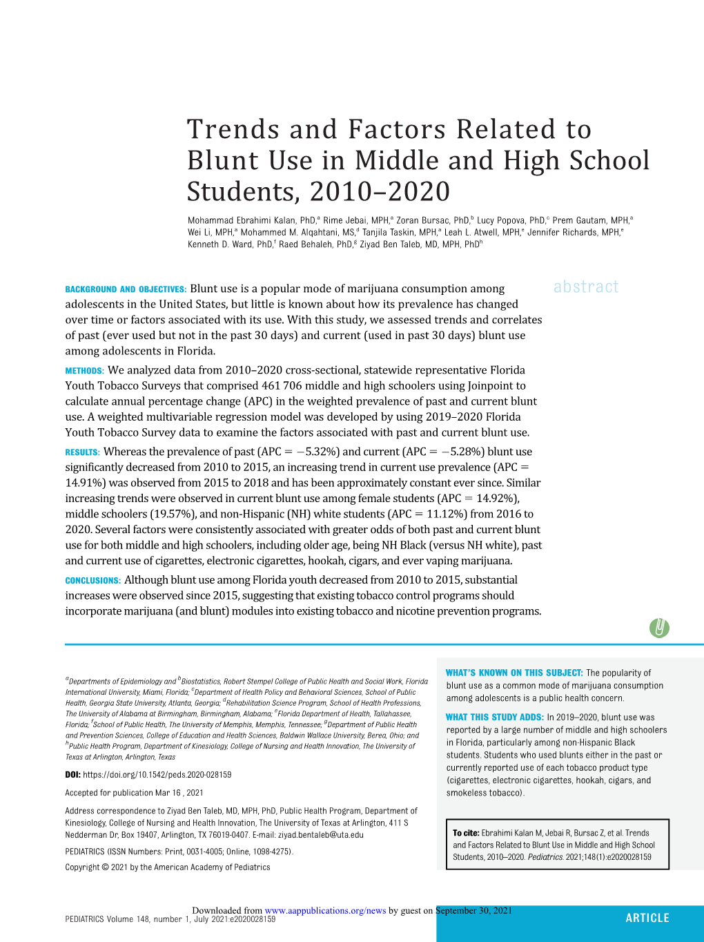 Trends and Factors Related to Blunt Use in Middle and High School