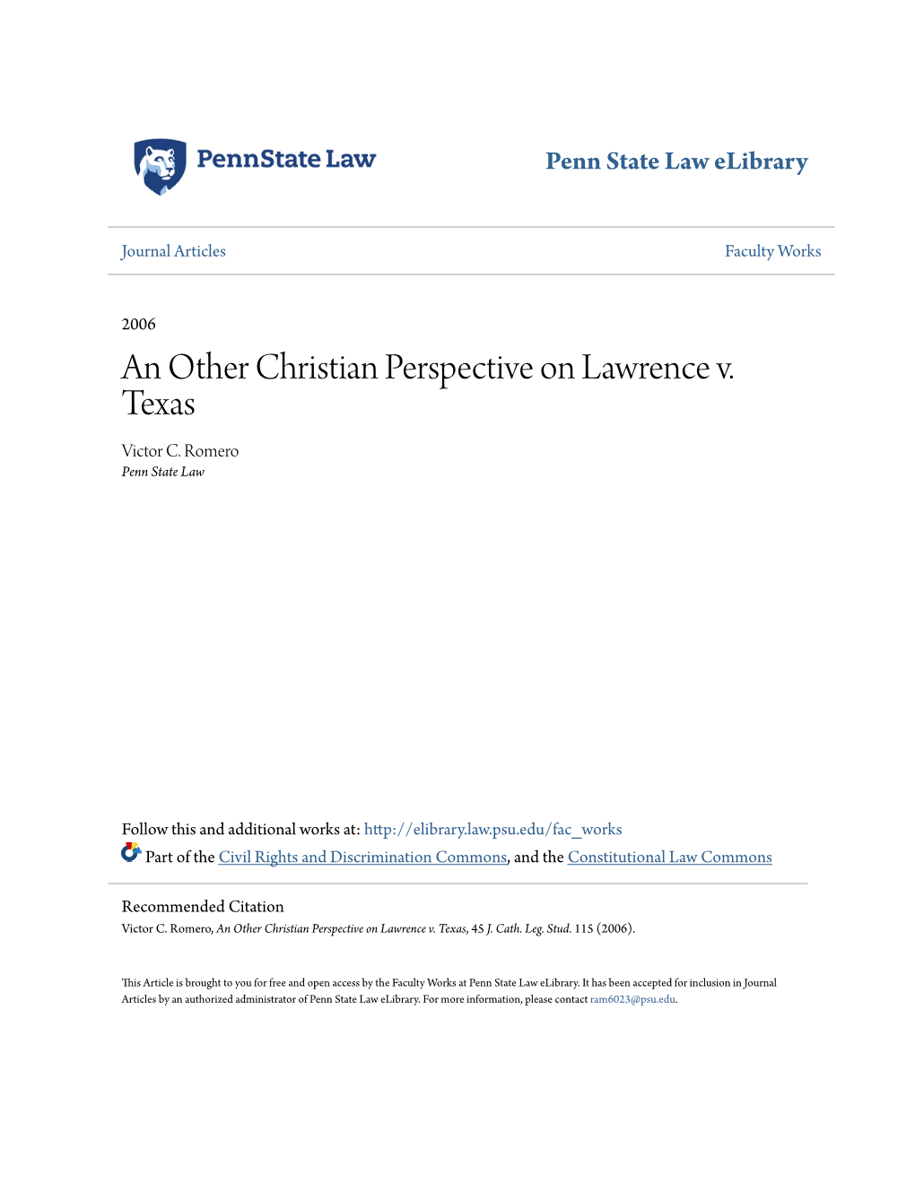 An Other Christian Perspective on Lawrence V. Texas Victor C