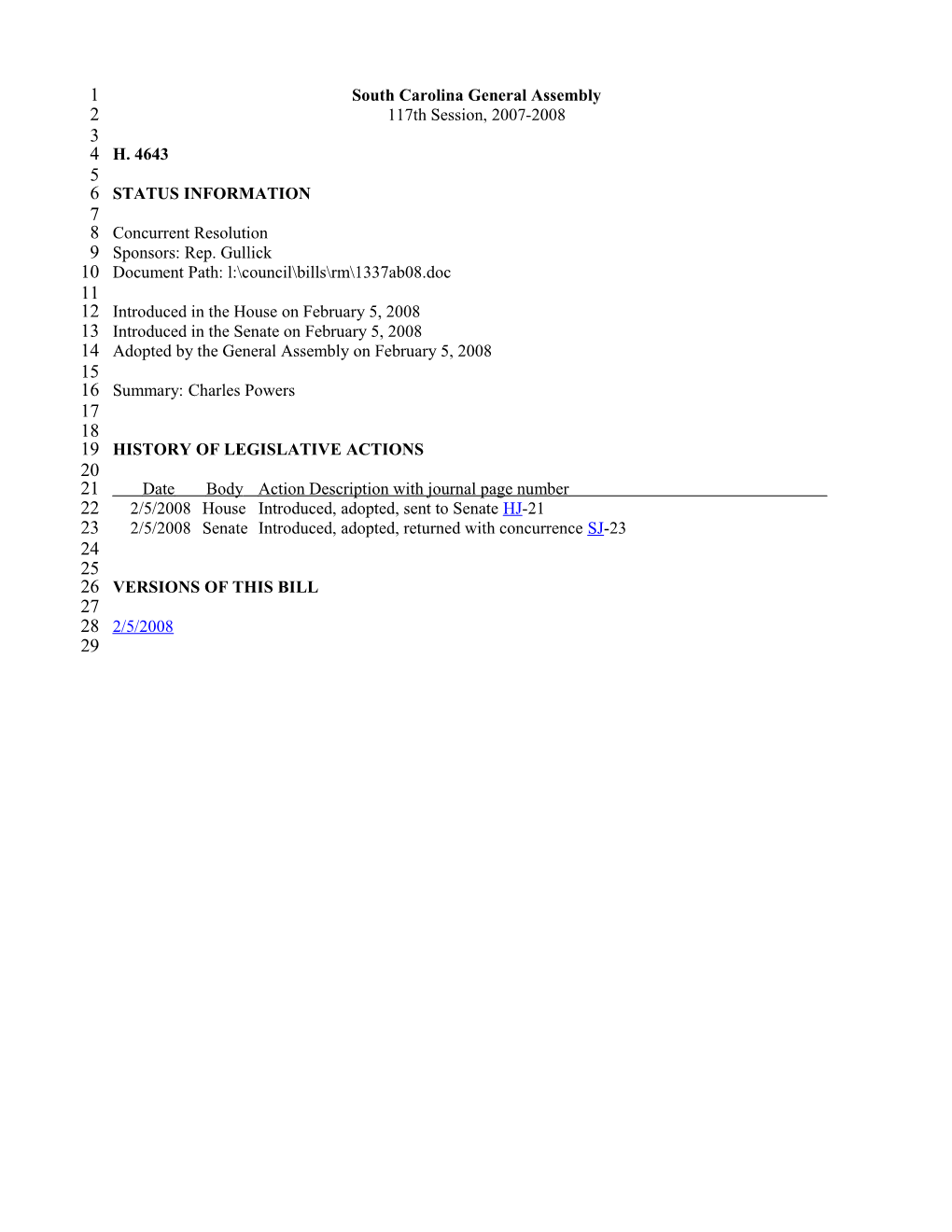 2007-2008 Bill 4643: Charles Powers - South Carolina Legislature Online