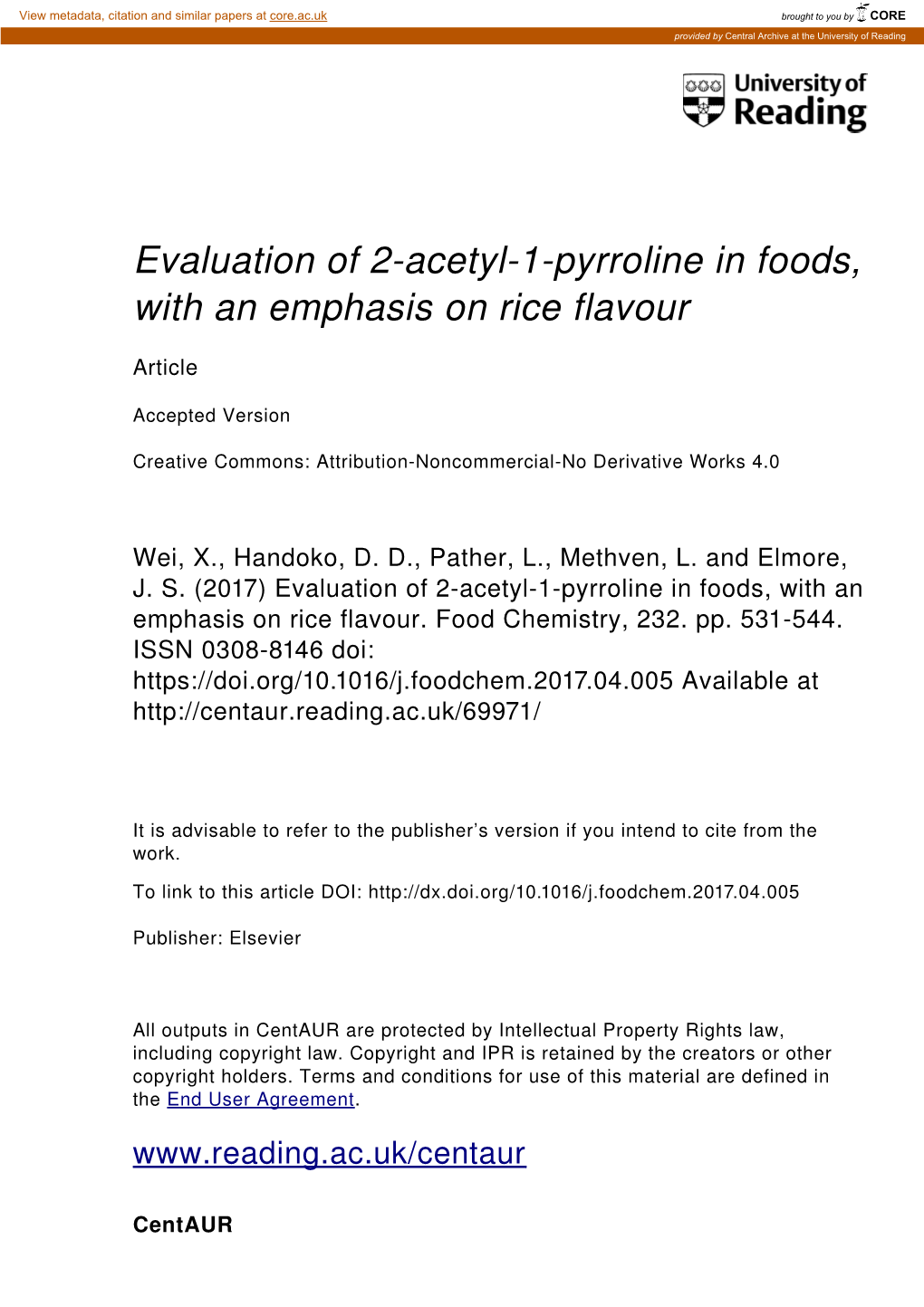 Evaluation of 2Acetyl1pyrroline in Foods, with an Emphasis On