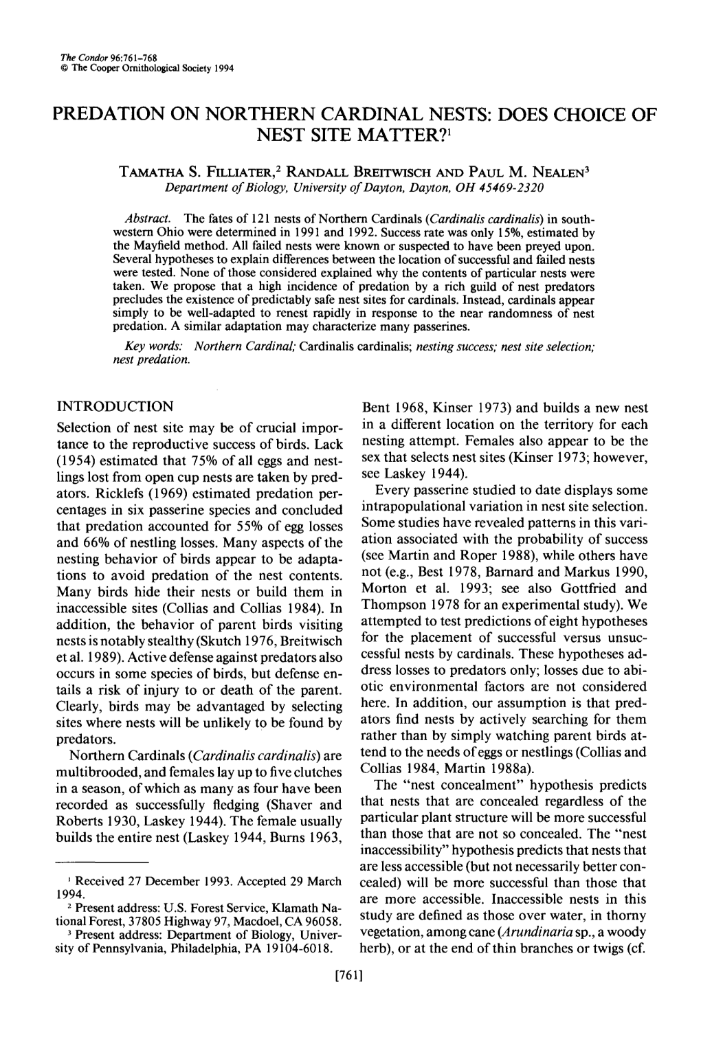 Predation on Northern Cardinal Nests: Does Choice of Nest Site Matter? ’