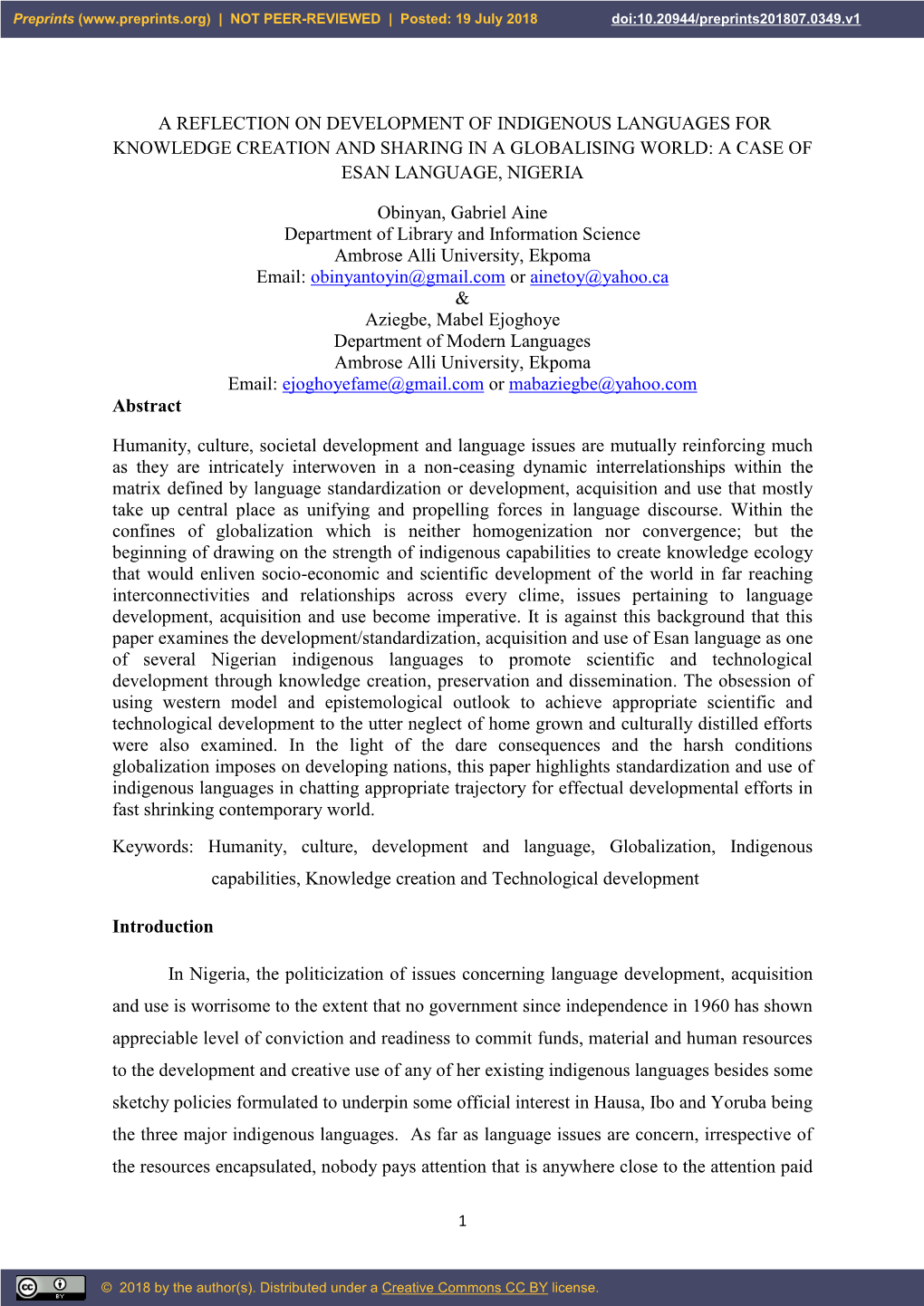 A Reflection on Development of Indigenous Languages for Knowledge Creation and Sharing in a Globalising World: a Case of Esan Language, Nigeria