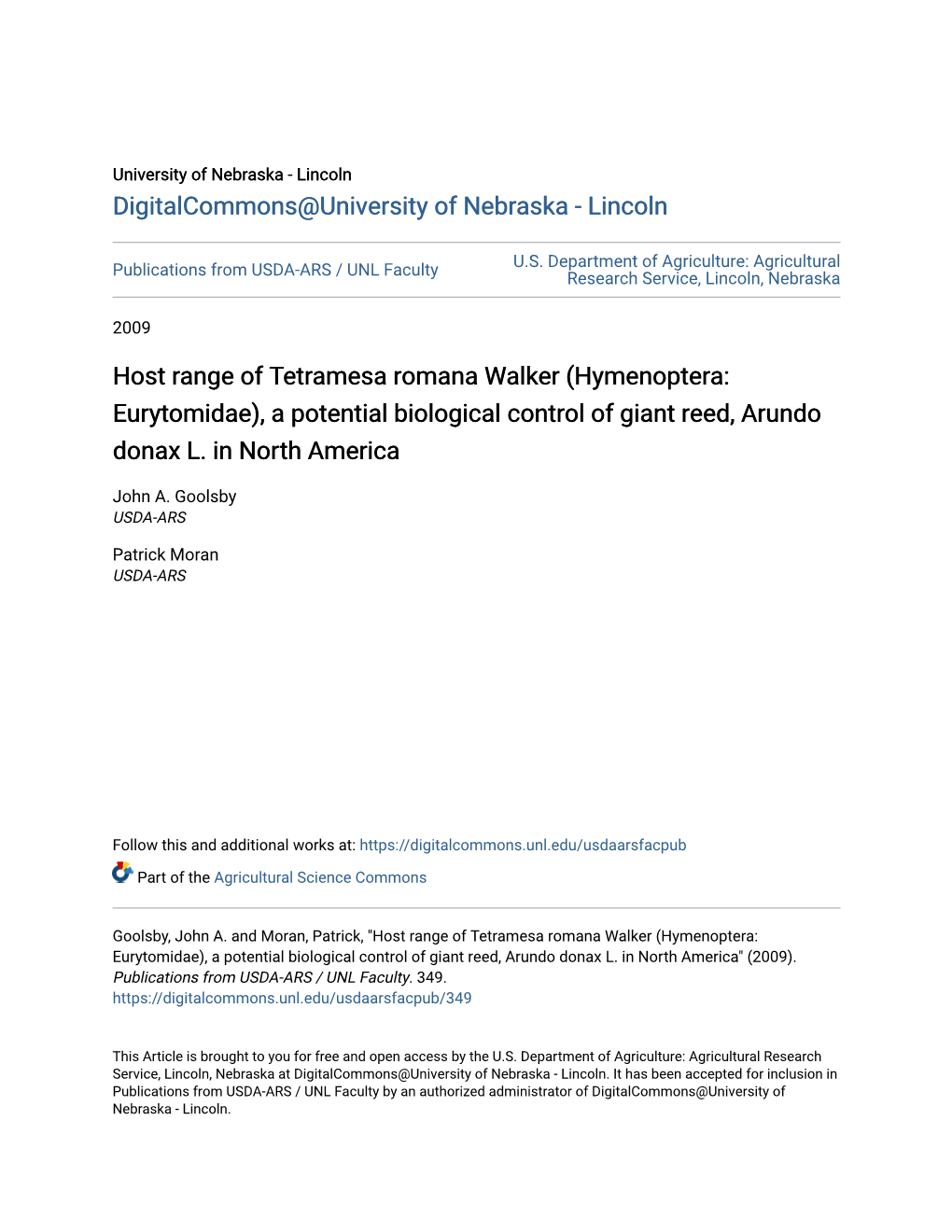 (Hymenoptera: Eurytomidae), a Potential Biological Control of Giant Reed, Arundo Donax L