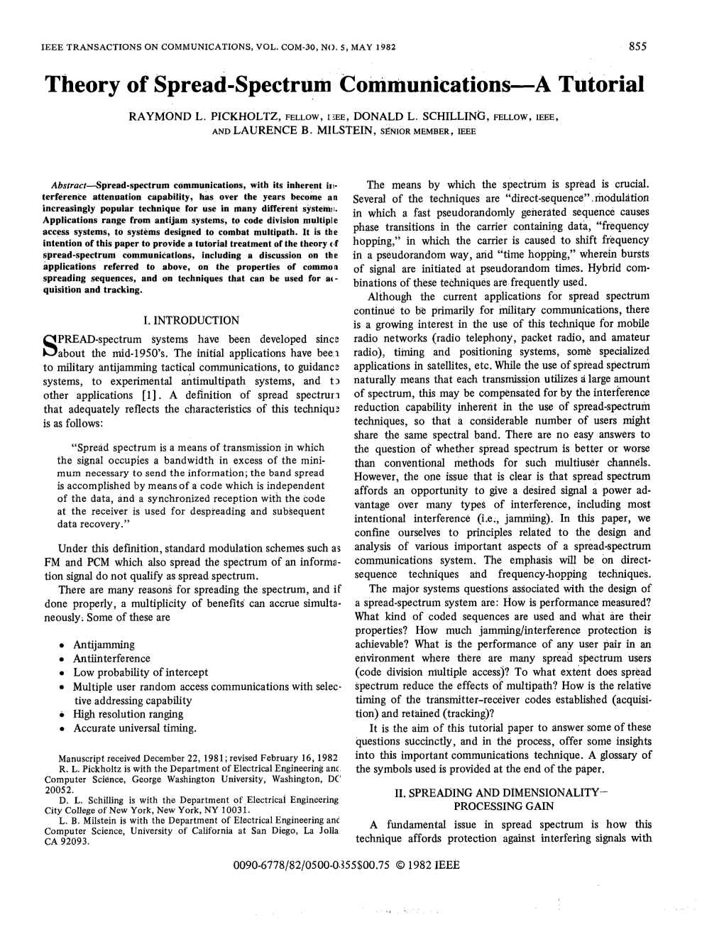 Theory of Spread-Spectrum Communications-A Tutorial