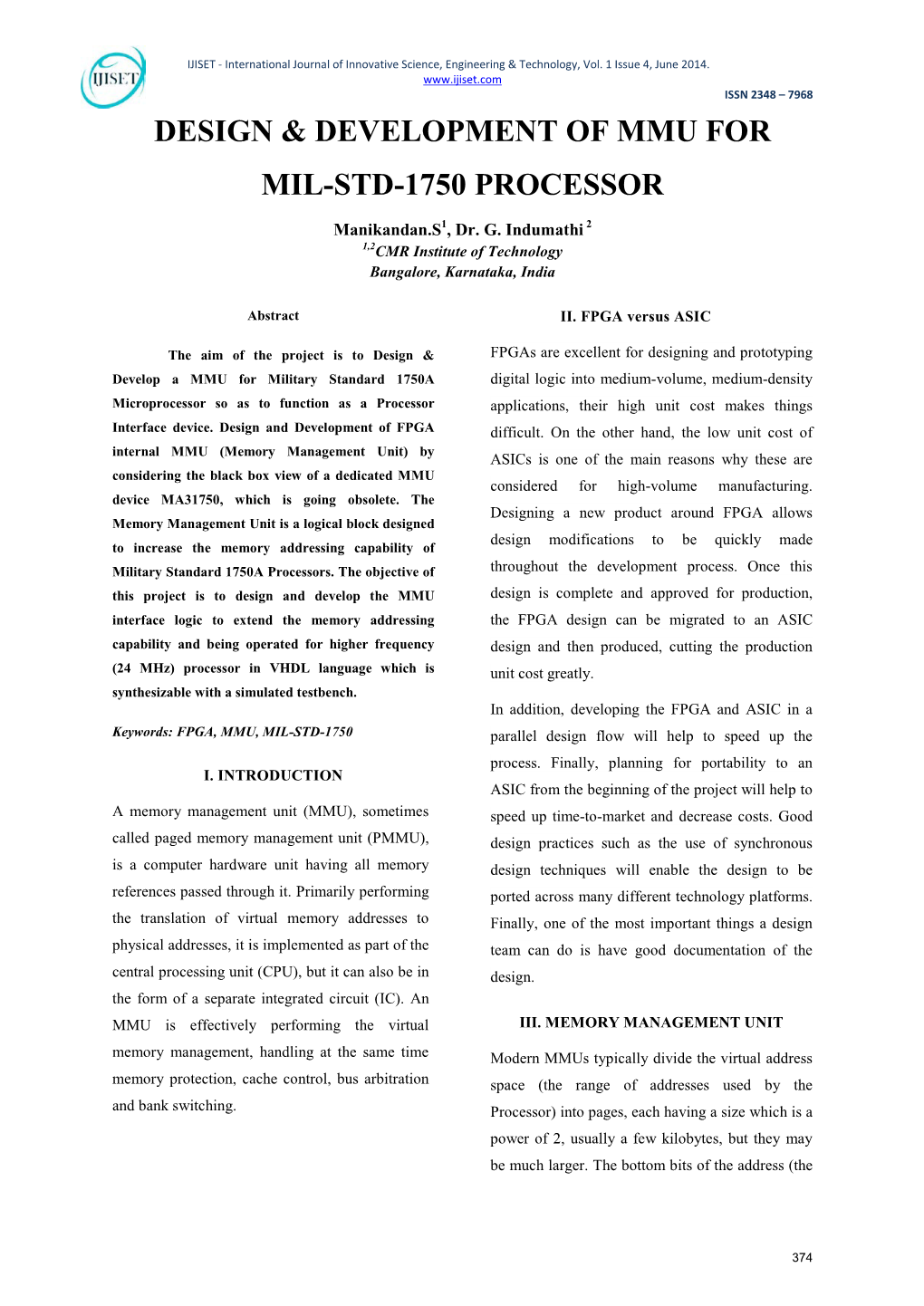 Design & Development of Mmu for Mil-Std-1750 Processor