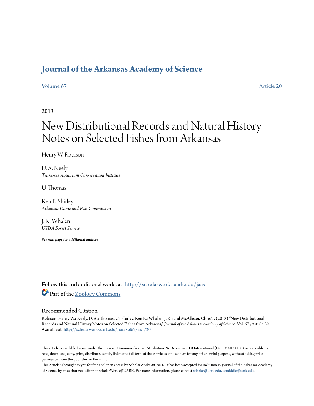 New Distributional Records and Natural History Notes on Selected Fishes from Arkansas Henry W