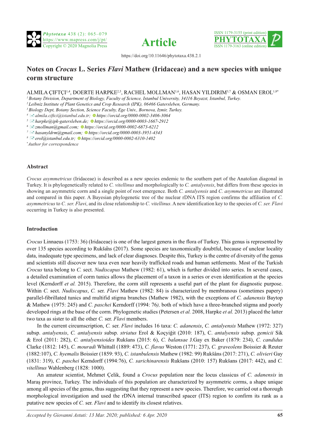 Notes on Crocus L. Series Flavi Mathew (Iridaceae) and a New Species with Unique Corm Structure