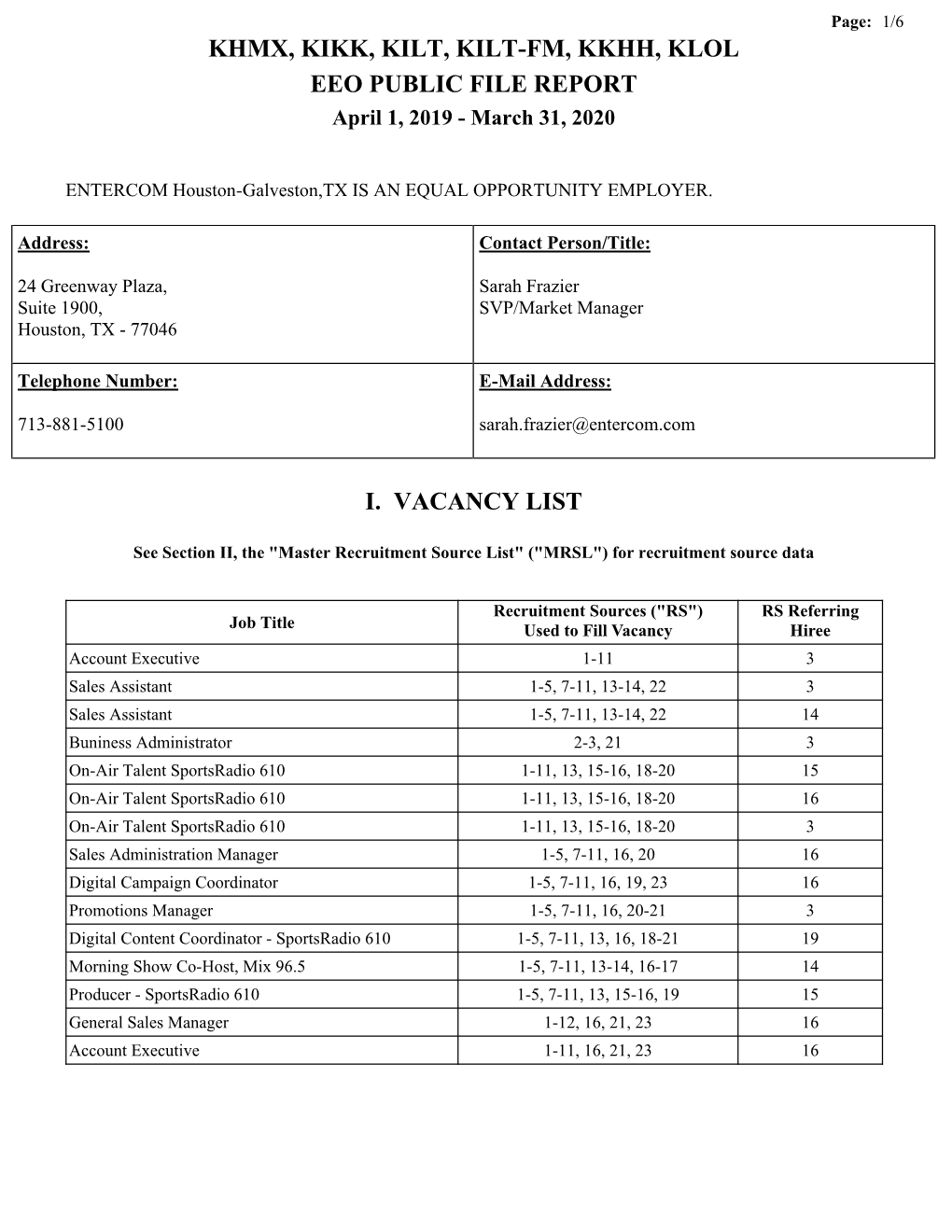 KHMX, KIKK, KILT, KILT-FM, KKHH, KLOL EEO PUBLIC FILE REPORT April 1, 2019 - March 31, 2020