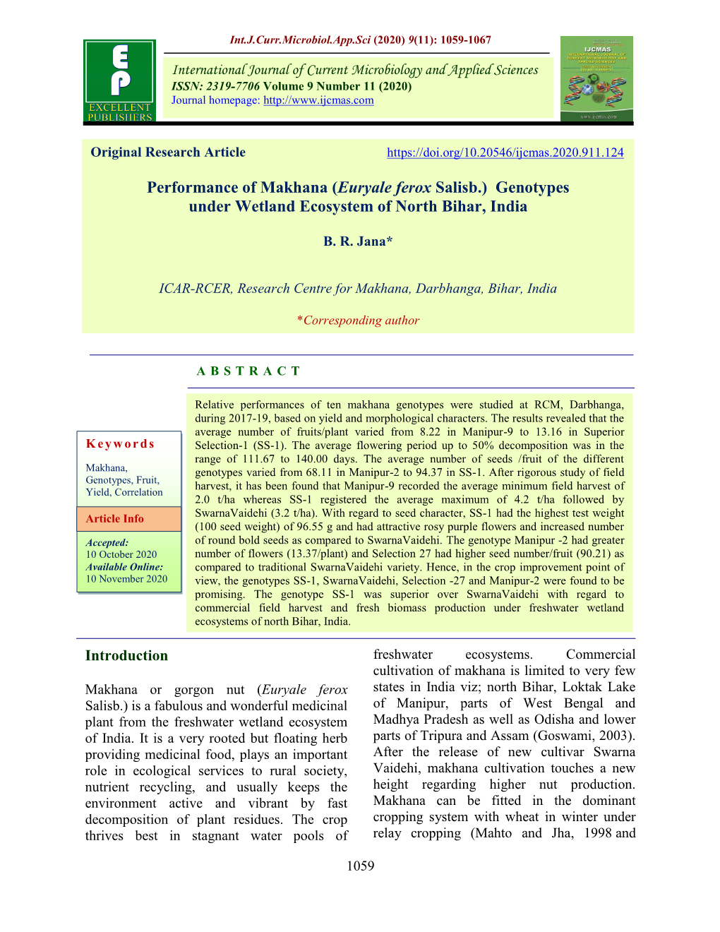 Performance of Makhana (Euryale Ferox Salisb.) Genotypes Under Wetland Ecosystem of North Bihar, India