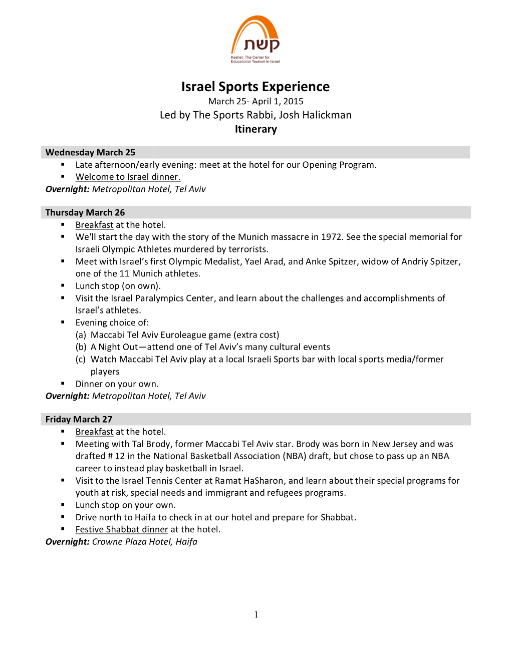 Israel Sports Experience March 25- April 1, 2015 Led by the Sports Rabbi, Josh Halickman Itinerary