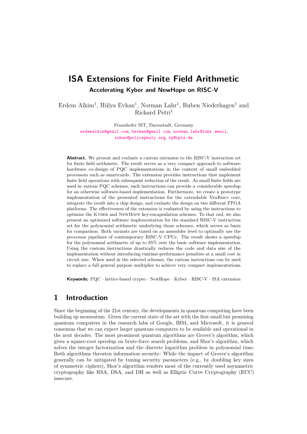 ISA Extensions for Finite Field Arithmetic Accelerating Kyber and Newhope on RISC-V
