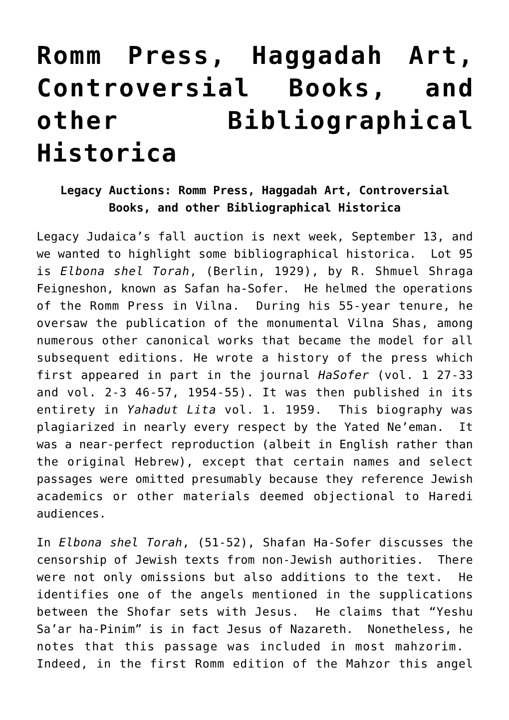 Romm Press, Haggadah Art, Controversial Books, and Other Bibliographical Historica,Change Has Come to Modena,On the Plagiarism O