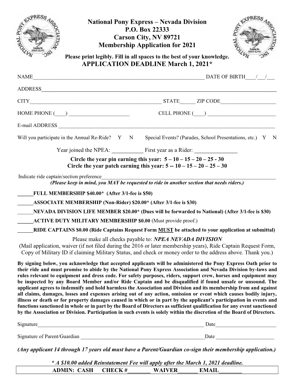 Nevada Division P.O. Box 22333 Carson City, NV 89721 Membership Application for 2021