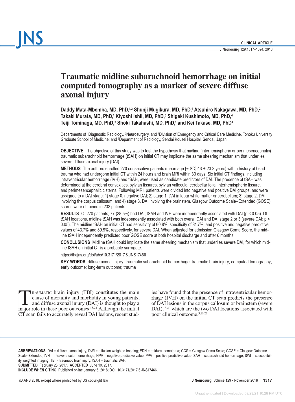 Traumatic Midline Subarachnoid Hemorrhage on Initial Computed Tomography As a Marker of Severe Diffuse Axonal Injury