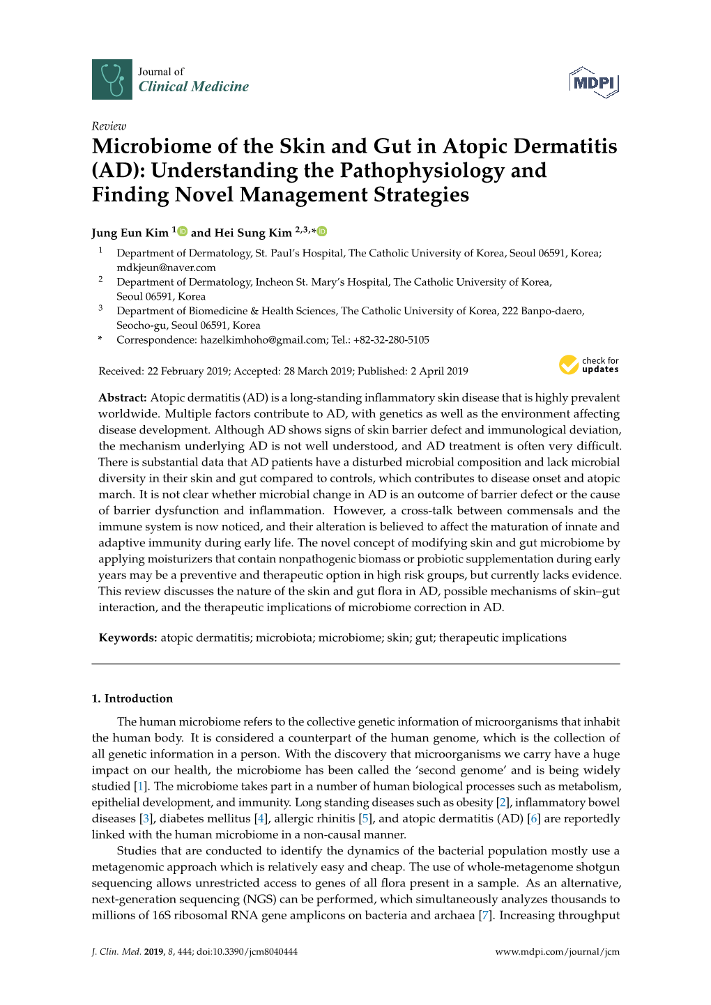 Microbiome of the Skin and Gut in Atopic Dermatitis (AD): Understanding the Pathophysiology and Finding Novel Management Strategies