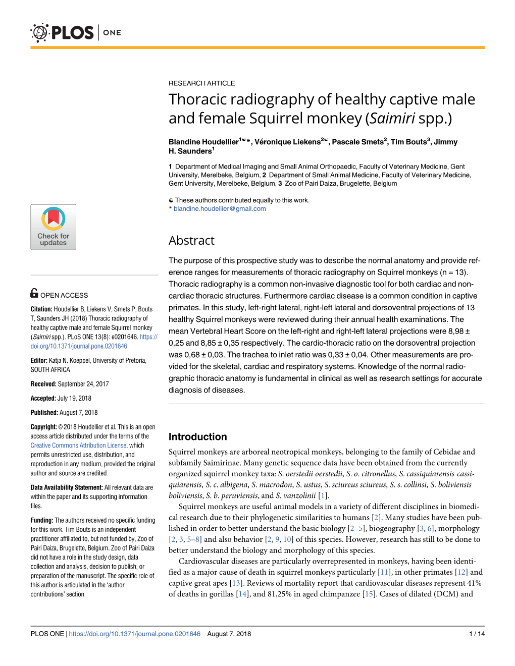 Thoracic Radiography of Healthy Captive Male and Female Squirrel Monkey (Saimiri Spp.)