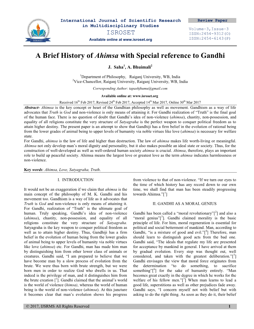 A Brief History of Ahimsa with Special Reference to Gandhi