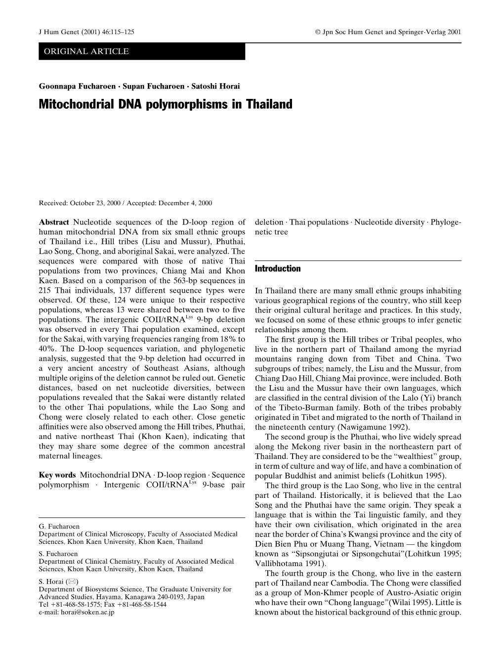 Mitochondrial DNA Polymorphisms in Thailand