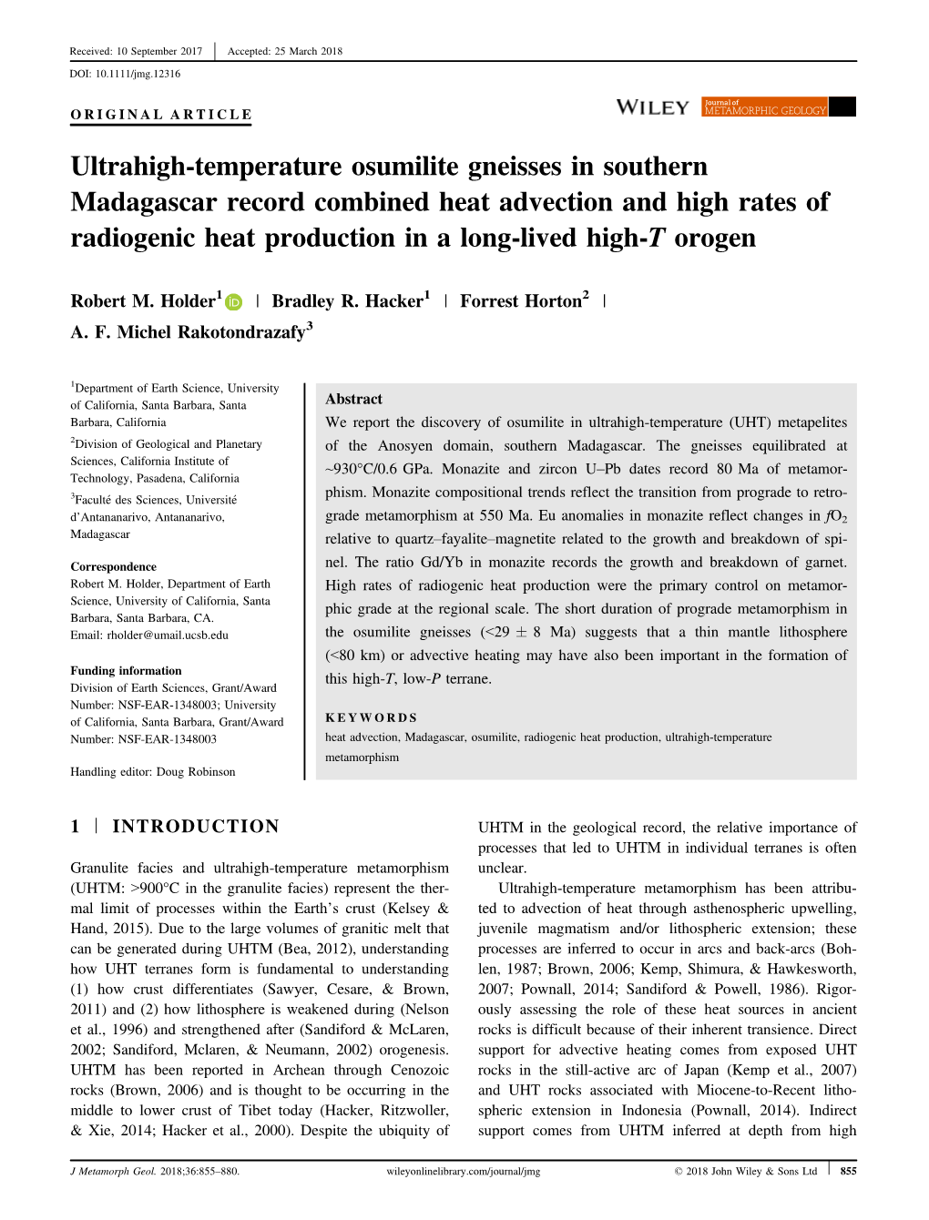 Ultrahigh‐Temperature Osumilite Gneisses in Southern Madagascar