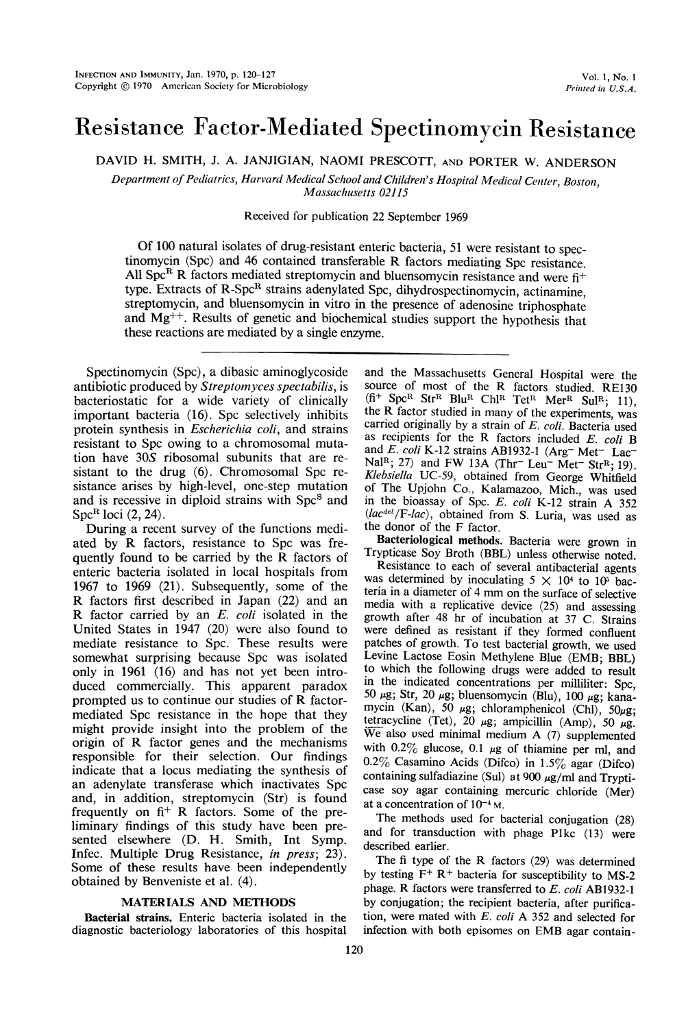 Resistance Factor-Mediated Spectinomycin Resistance