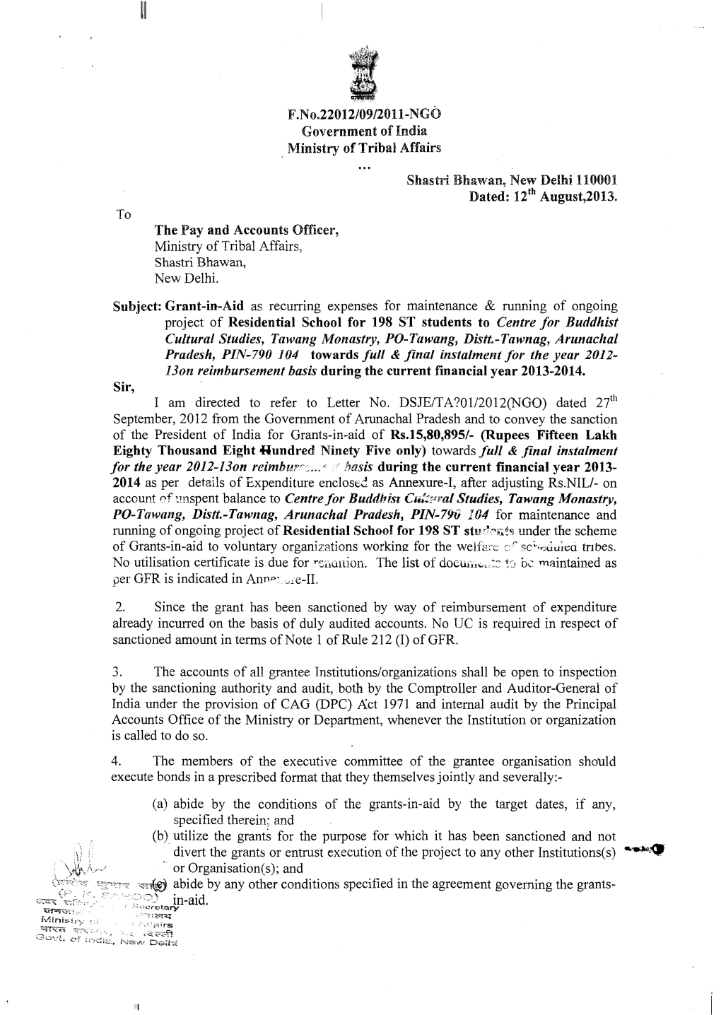 Tawnag, Arunachal Pradesh, PIN-790 104 Towards Full & Final Instalment for the Year 2012• 130N Reimbursement Basis During the Current Financial Year 2013-2014