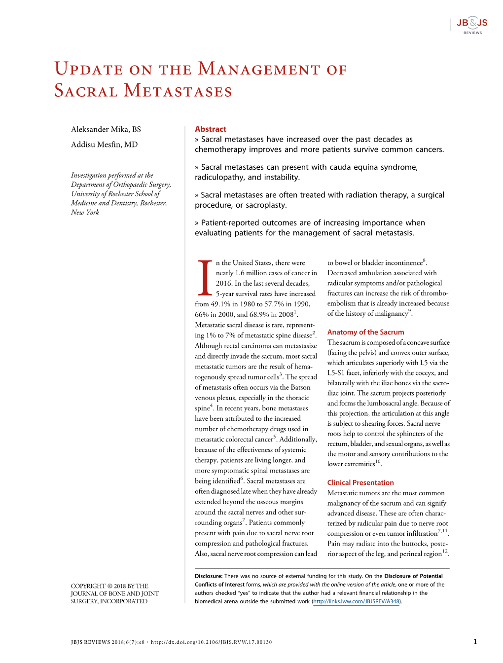 Update on the Management of Sacral Metastases