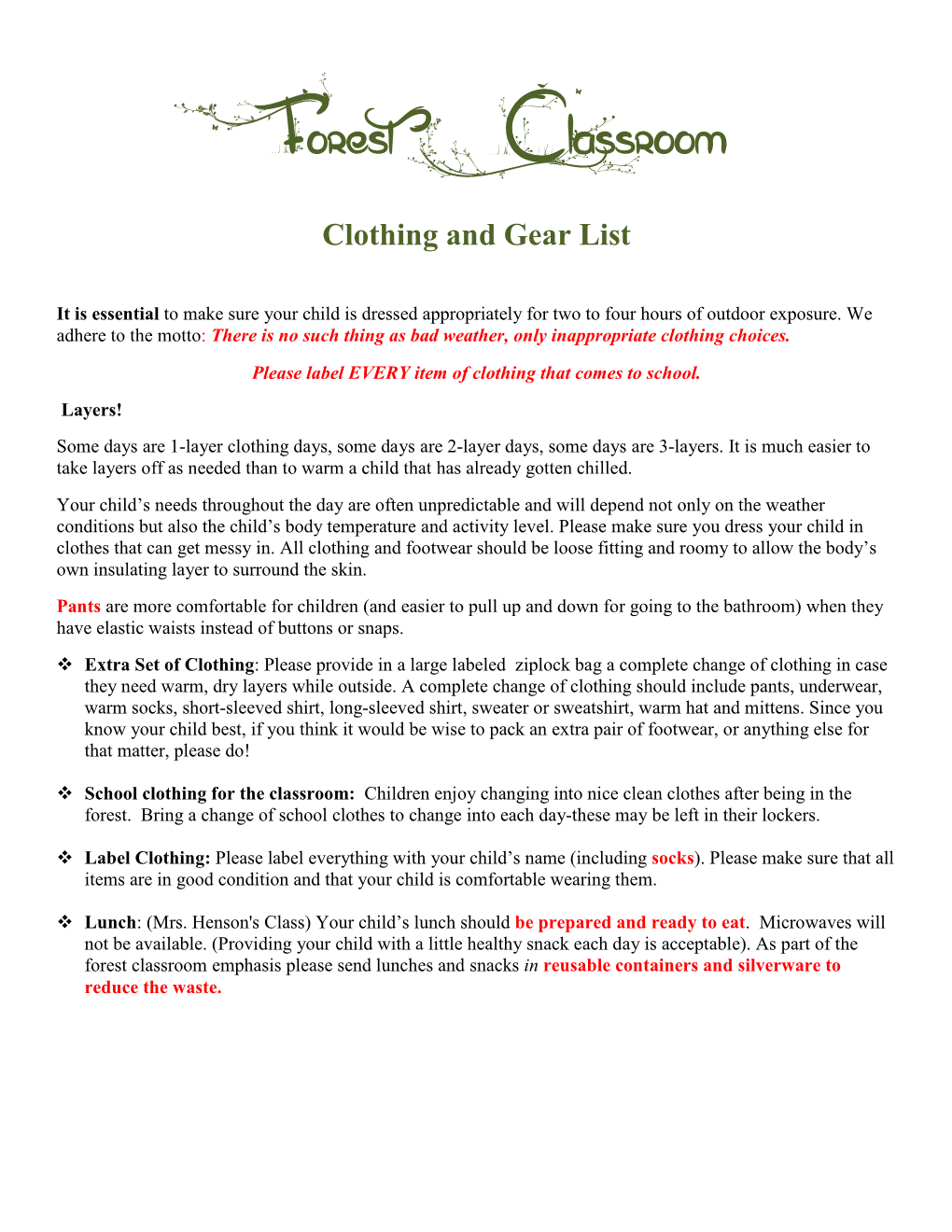 Forest Classroom Clothing and Gear List