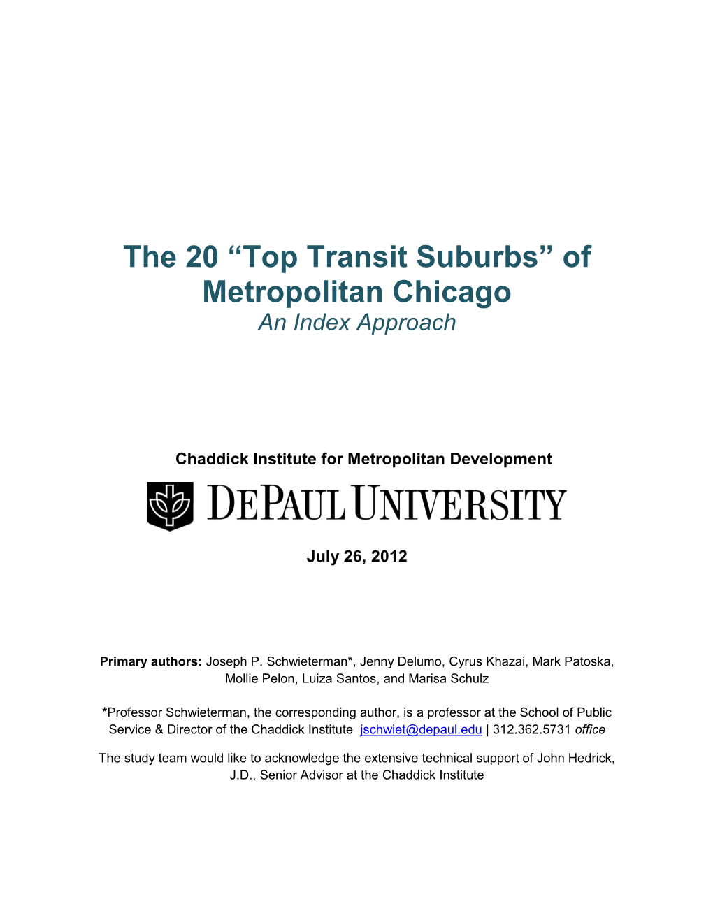 The 20 “Top Transit Suburbs” of Metropolitan Chicago an Index Approach