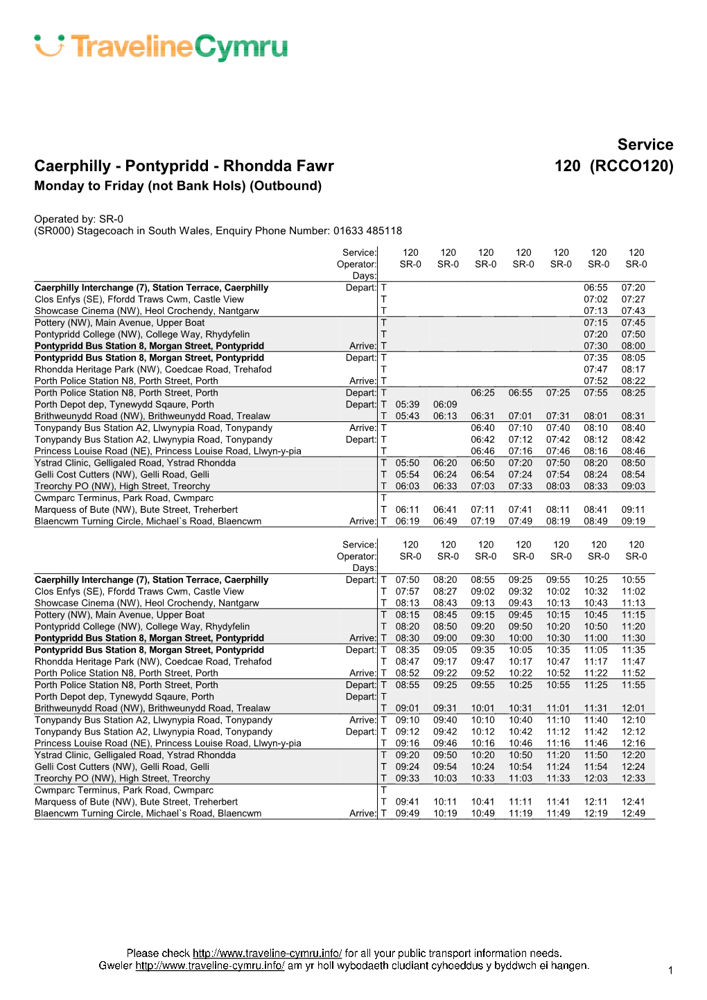 Service Caerphilly - Pontypridd - Rhondda Fawr 120 (RCCO120) Monday to Friday (Not Bank Hols) (Outbound)