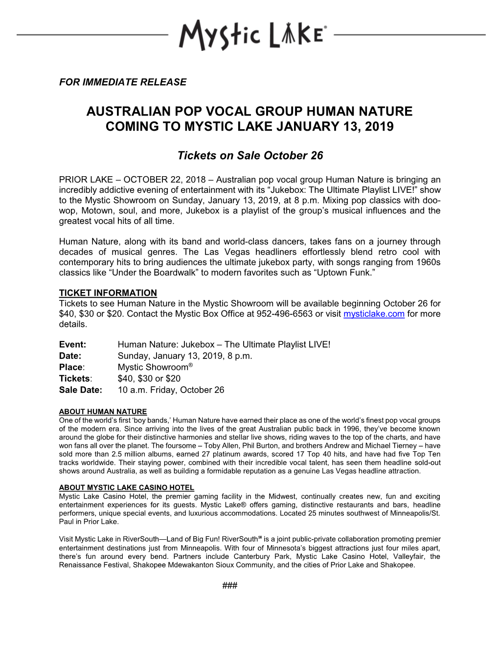 Australian Pop Vocal Group Human Nature Coming to Mystic Lake January 13, 2019