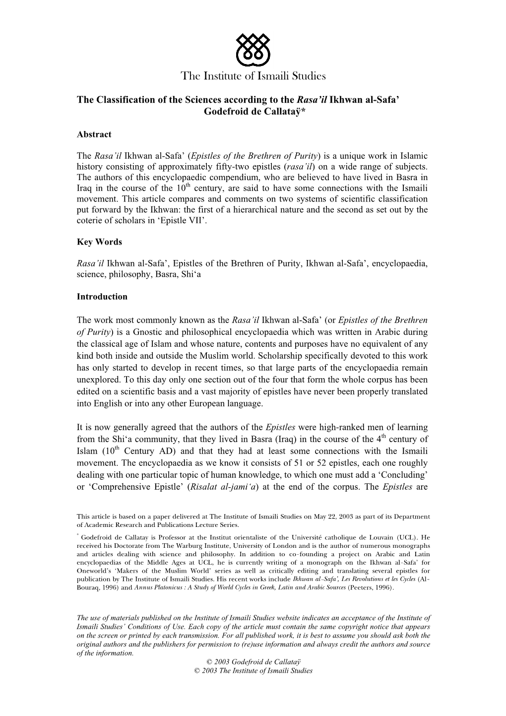 The Classification of the Sciences According to the Rasa'il Ikhwan Al