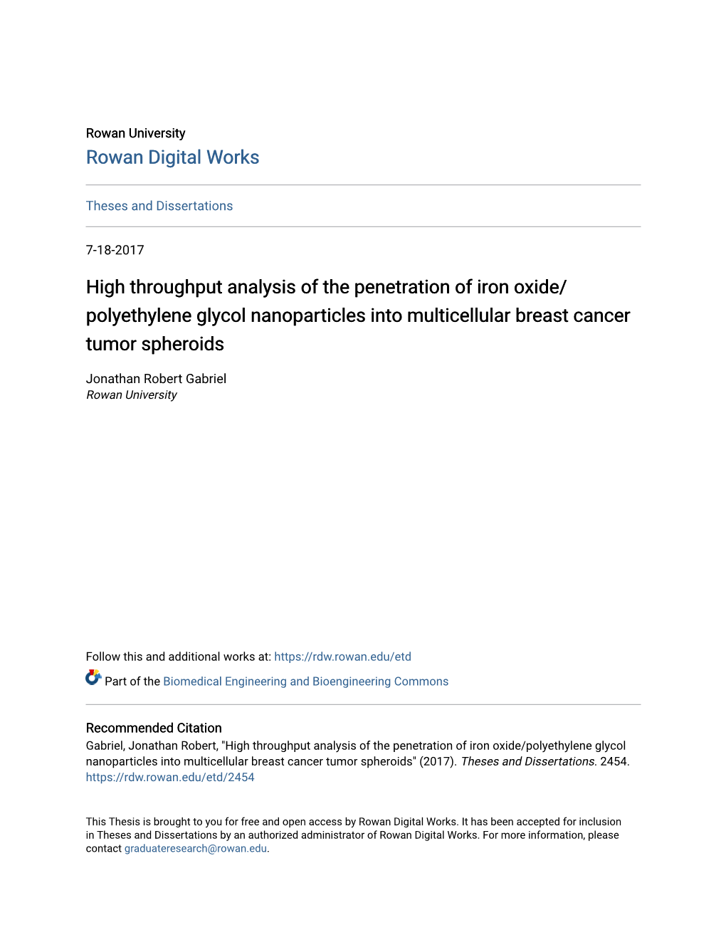 High Throughput Analysis of the Penetration of Iron Oxide/Polyethylene Glycol Nanoparticles Into Multicellular Breast Cancer Tumor Spheroids