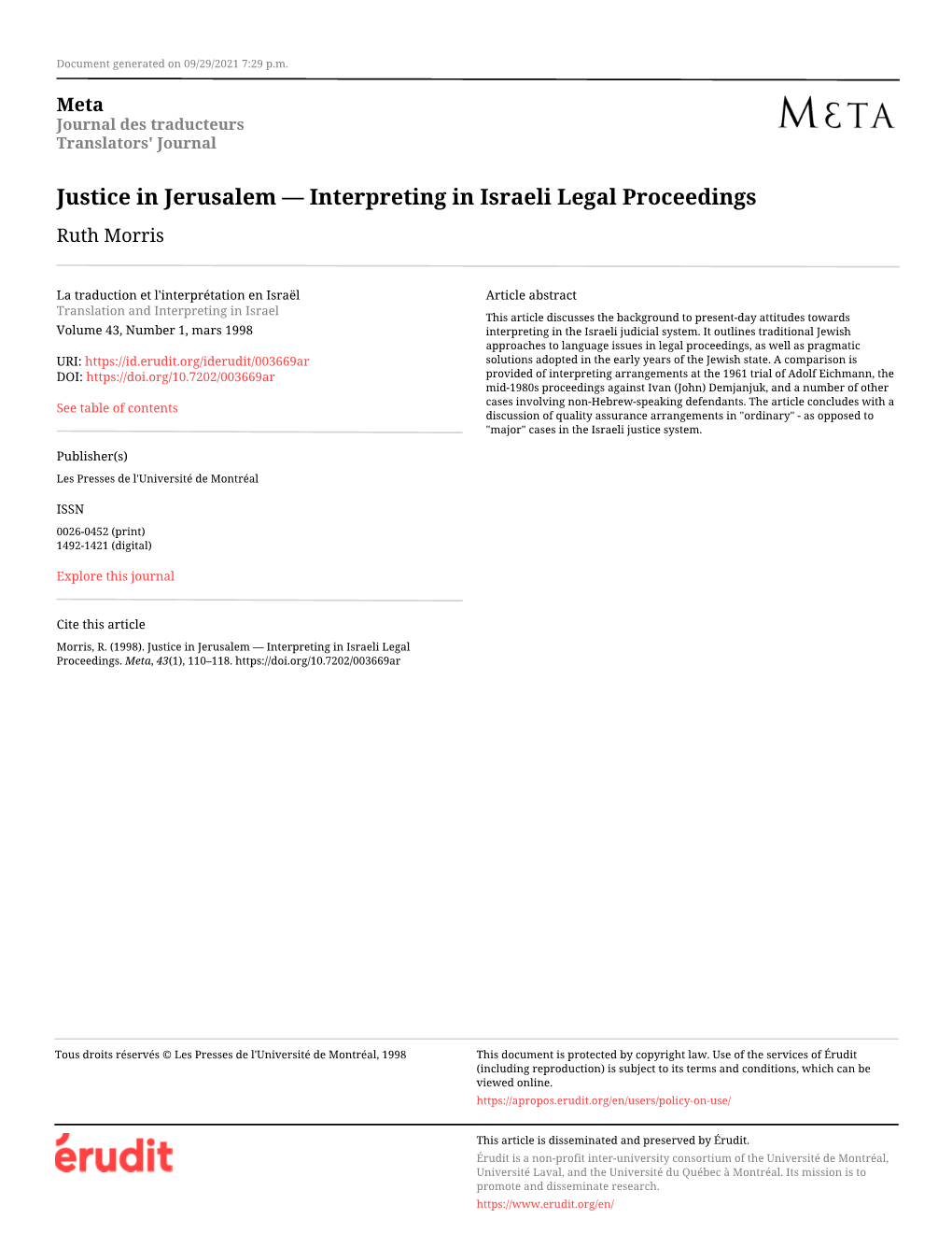 Justice in Jerusalem — Interpreting in Israeli Legal Proceedings Ruth Morris