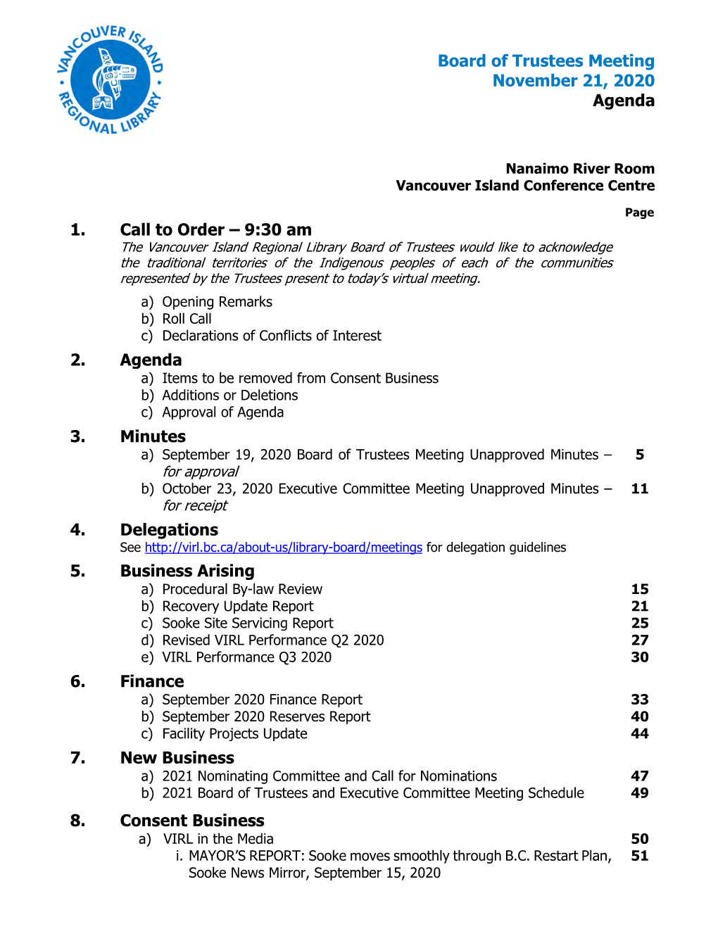 Board of Trustees Meeting November 21, 2020 Agenda