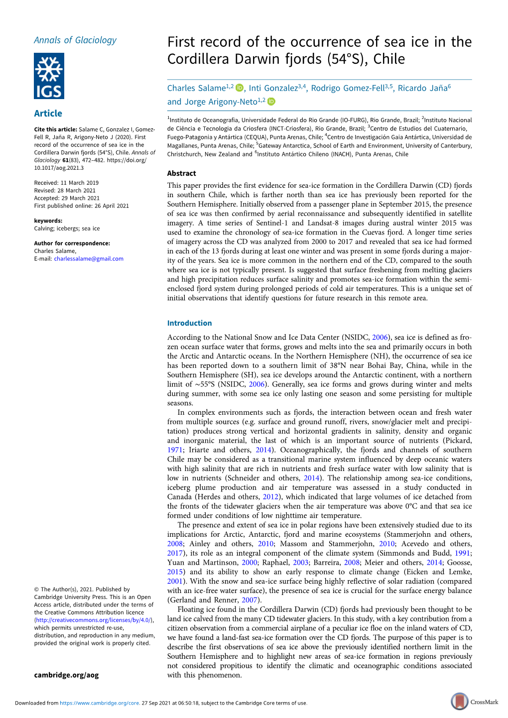 First Record of the Occurrence of Sea Ice in the Cordillera Darwin Fjords (54°S), Chile