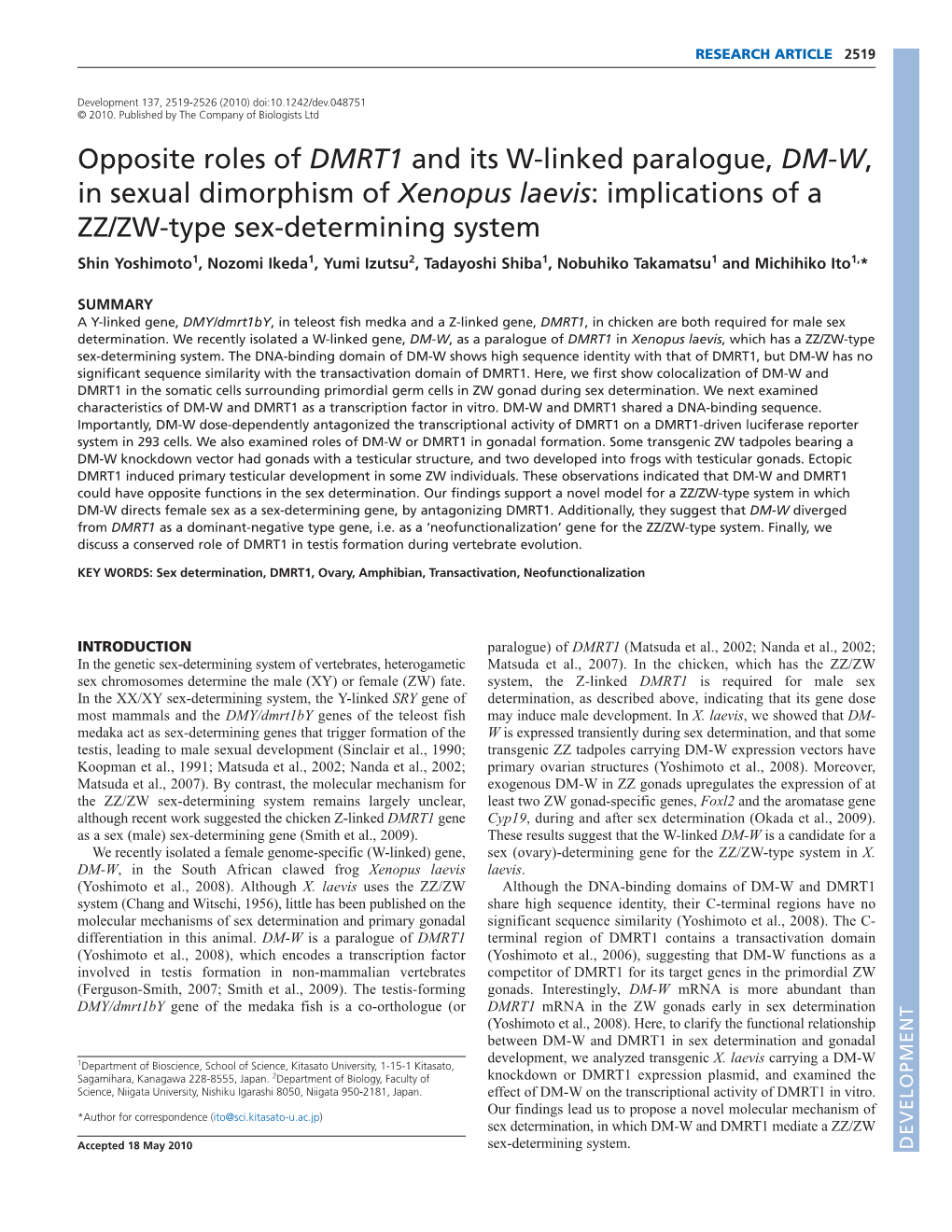 Opposite Roles of DMRT1 and Its W-Linked Paralogue, DM-W, In