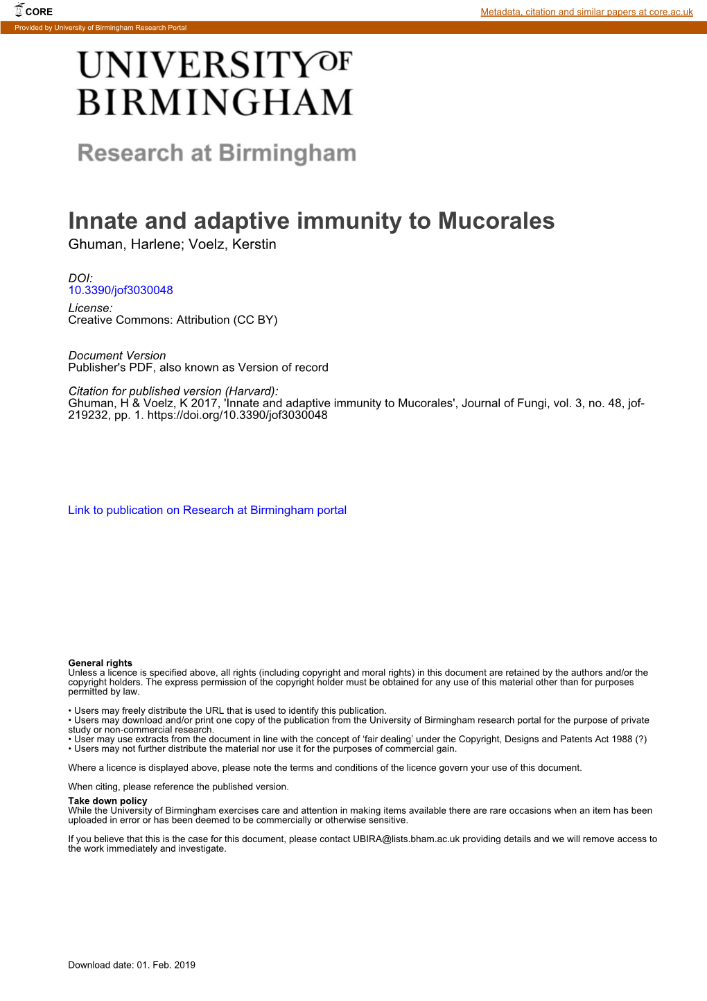 Innate and Adaptive Immunity to Mucorales Ghuman, Harlene; Voelz, Kerstin