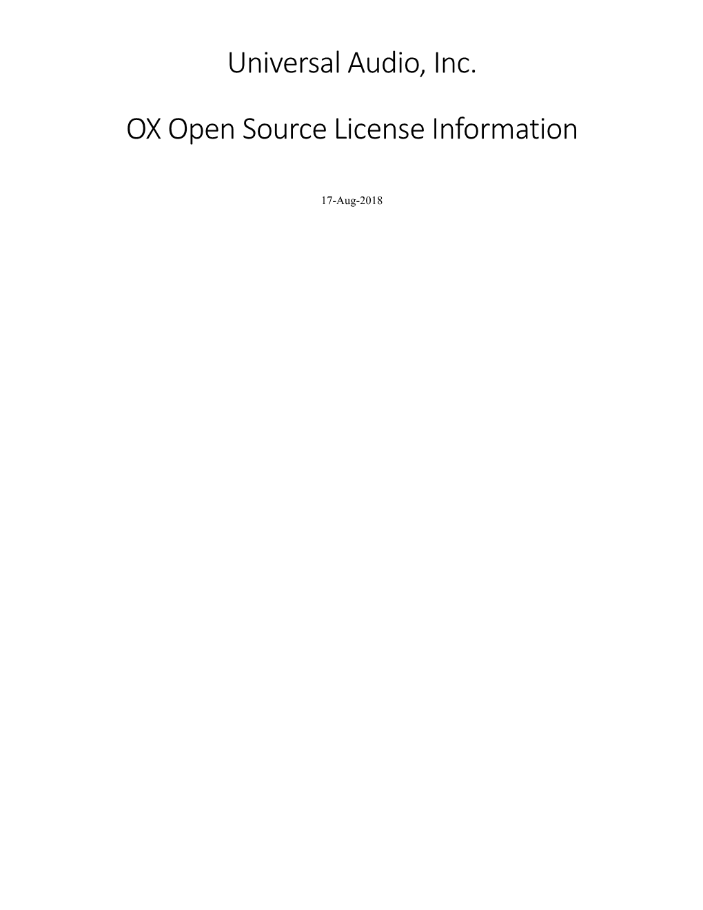 Universal Audio, Inc. OX Open Source License Information