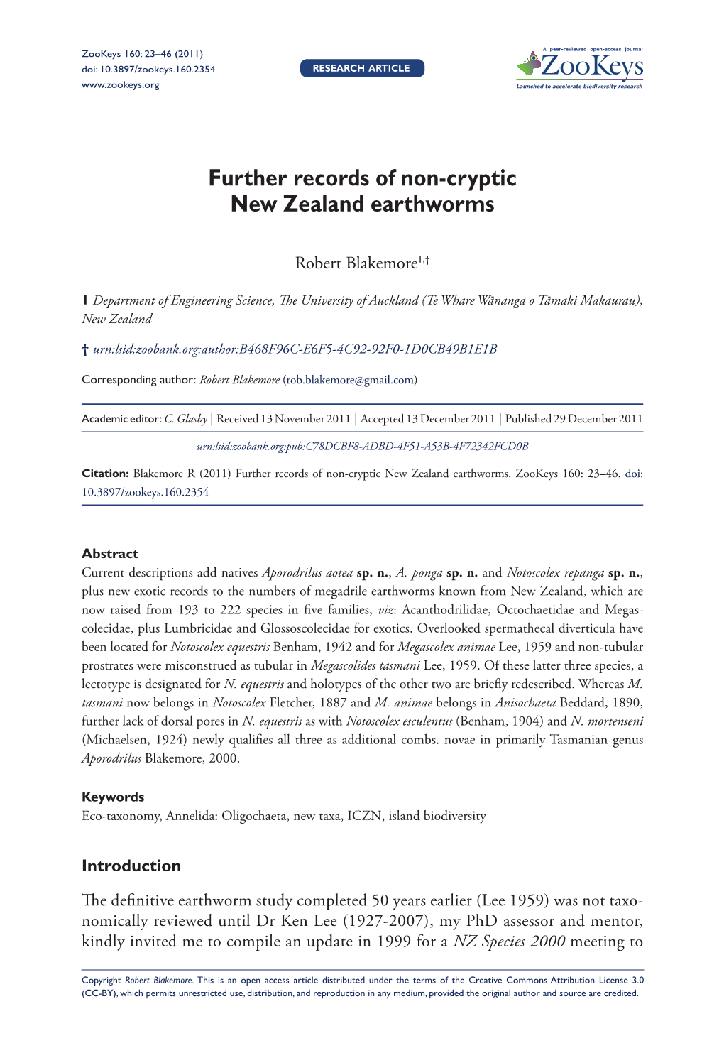 Further Records of Non-Cryptic New Zealand Earthworms 23 Doi: 10.3897/Zookeys.160.2354 Research Article Launched to Accelerate Biodiversity Research